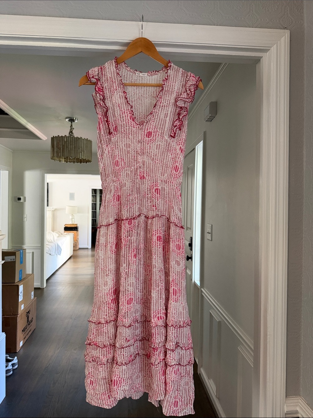 Poupette St. Barth White and Pink Ruffle Maxi Dress, M
